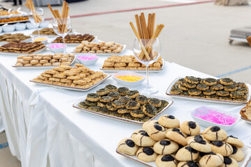 catering buffet with variety of snacks and appetizers at luxury event