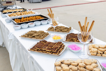 catering buffet with variety of snacks and appetizers at luxury event