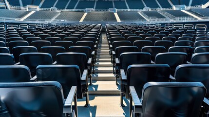 Naklejka premium Seats of black tribune on sport stadium. empty outdoor arena. concept of fans. chairs for audience. cultural environment concept. color and symmetry. empty seats. modern stadium