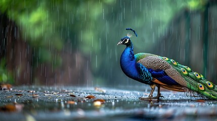 Vibrant peacock standing in rain with blurred green background