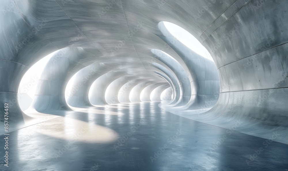 Poster nature-inspired, futuristic building concept with an abstract empty interior of modern concrete curv