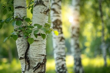 Obraz premium Birch Trees in Sunlit Pasture, Capturing the Serene Peacefulness of Nature