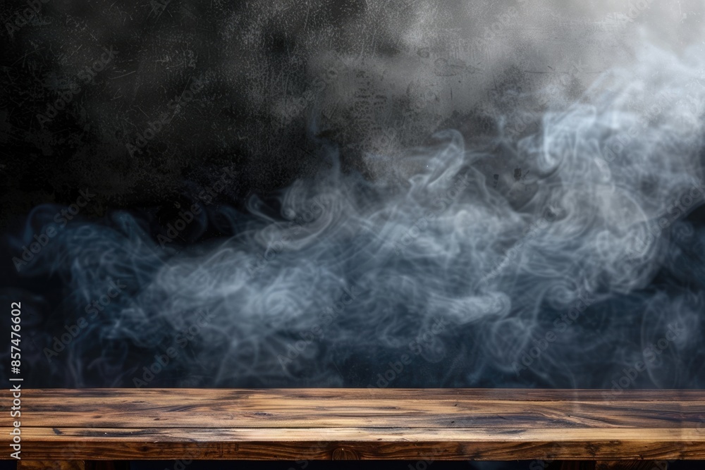 Poster empty wooden table with smoke float up on dark background empty space for display your products