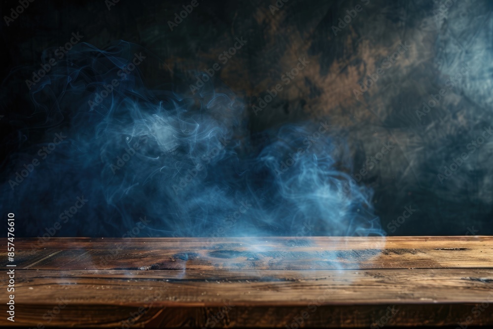 Poster empty wooden table with smoke float up on dark background empty space for display your products
