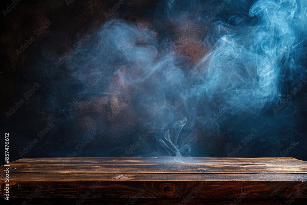 Poster empty wooden table with smoke float up on dark background empty space for display your products