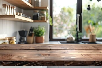 Wooden table on a blurred background of a kitchen window and shelves.