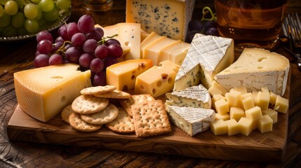 Assorted cheese platter with grapes and crackers on wooden board, food photography. Gourmet snack and appetizer concept