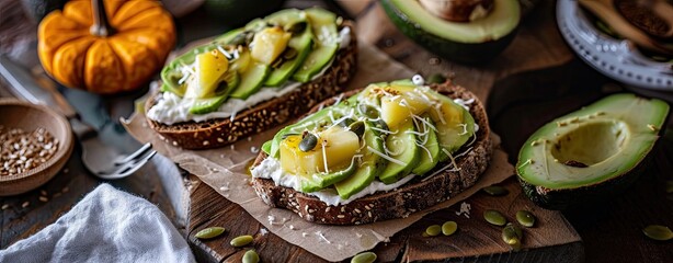 Avocado toasts with rye bread, sliced avocado, cheese, for breakfast or lunch.