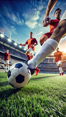 football player kicks the ball against the background of the stadium, match, sport, competition, world cup, european cup, championship, spotlights, athlete, game, victory, team, tactics, boots