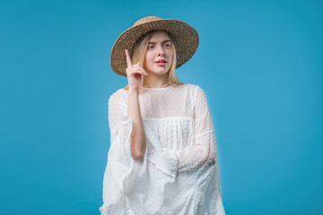 Breakthrough creative idea, 20s aged woman have eureka moment,pointing finger up
