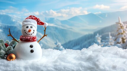 Obraz premium Happy snowman standing in christmas landscape. Snow background with copy space