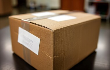 Packed UPS Shipping Box on Desk, Ready for Shipment.