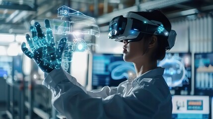 smart industry 4.0 futuristic technology concept, engineer use artificial intelligence combine augmented mixed virtual reality display, digital twin with 5g to control robot arm in smart factory. 
