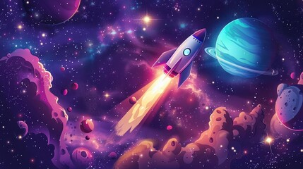 Illustration of a rocket taking off into space and exploring the vastness of the universe. Ai generated