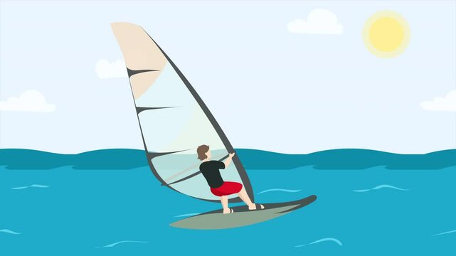 Cartoon character moves on a sailboard on the water. Windsurfing, Extreme sports. Animated cartoon design motion graphic. Loopable, 4K Resolution.
