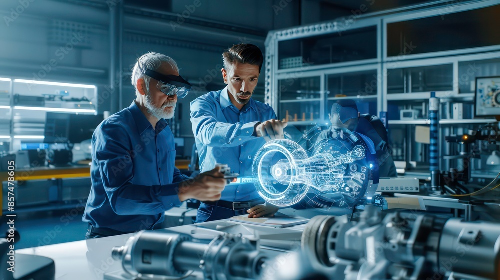 Poster smart industry 4.0 technology business man discuss and collaborate with engineer by using augmented 