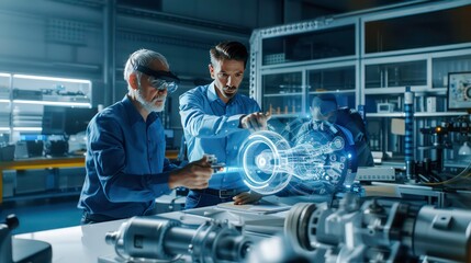 Smart industry 4.0 technology business man discuss and collaborate with engineer by using augmented mixed reality , holographic, sensor to blend with real world to simulation virtual world