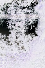 An abstract view of a lake in the forest in a black and white film negative.