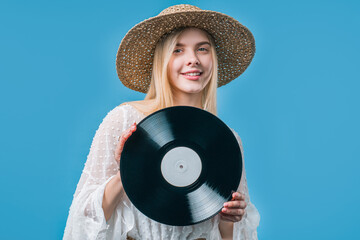 Young Blonde Woman With Vinyl Record Disc. Hobby, Music Lover, Collection