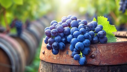 Close up of ripe grape cluster hanging over rustic wooden barrel in detailed view