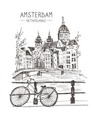 Travel sketch. Liner sketches homes of Amsterdam, Holland, hand drawing sketch, graphic illustration. Hand drawn travel postcard. Urban sketch in black color isolated on white background. Vector.