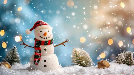 Obraz premium Happy snowman standing in christmas landscape. Snow background with copy space