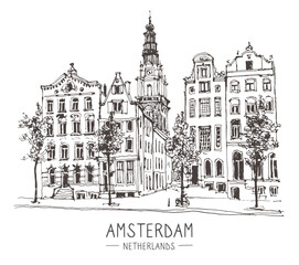 Vector liner sketch of houses in Amsterdam, Holland, hand drawing sketch, graphic illustration. Urban sketch in black color isolated on white background. Hand drawn travel postcard.