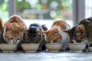 A row of five cats eating from white bowls, sitting on a light grey surface. Generative AI