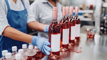 Close up view of wine bottles being meticulously labeled in the intricate production line process