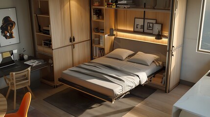 space-efficient wall bed that folds out into a comfortable sleeping area, integrated into a stylish studio apartment maximizing space and functionality
