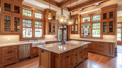 spacious craftsman style kitchen with custom wood cabinetry, a large island with built-in sink, and classic stained glass windows