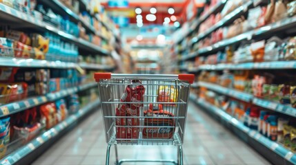 Shopping cart in supermarket aisle