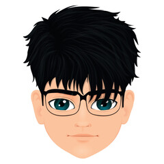 Young anime male head with straight black hair and glasses