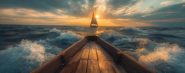 View from the bow of a boat navigating towards a distant sailboat silhouetted by the sunset
