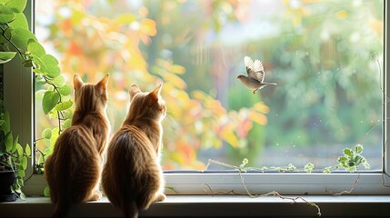 Two cats sit by a window, watching a bird fly past outside. Generative AI
