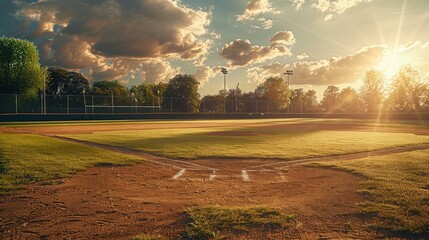Baseball field at sunset - A beautiful view of an empty baseball field with the sun setting in the background, casting long shadows