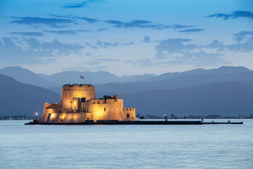 Venetian Castle of Bourtzi in the Bay of Nauplion at the dusk, Greece