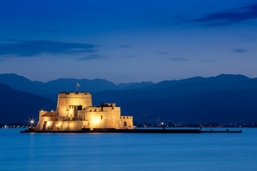 Venetian Castle of Bourtzi in the Bay of Nauplion at the dusk, Greece