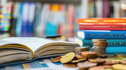 Financial education and learning concept - Books, notebooks, and educational materials related to finance and investment, emphasizing financial literacy and learning
