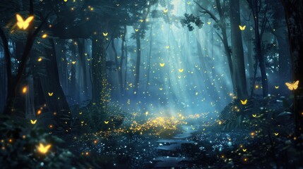 Illustrations of fireflies shine like stars, providing enchanting beauty and awe. Mystical night in forest background. Ai generated