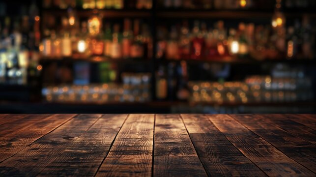 a close up of a rustic empty wooden table with blurred bar with dinks and cokctails background