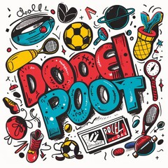 Fototapeta premium Vintage-Style Illustration with Colorful Sports Equipment and a Doodle Poop Sign