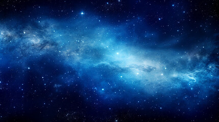 Fototapeta premium A stunning photo of a night sky filled with a vast expanse of dark blue space, featuring a bright blue nebulae and twinkling stars