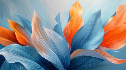 abstract painting of large blue and orange leaves