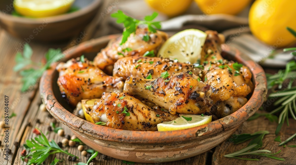 Wall mural lemon pepper chicken wings on a rustic background - zesty lemon pepper chicken wings seasoned with h - Wall murals
