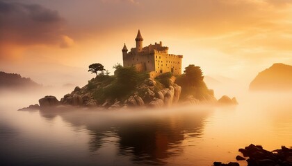 Obraz premium An isolated island surrounded by fog, with mysterious ruins and mythical creatures.