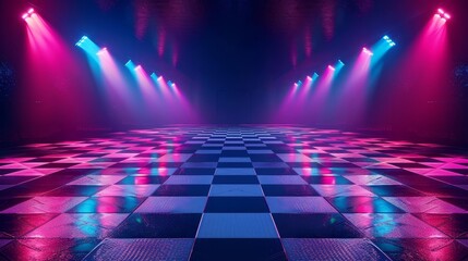 Vibrant neon lights on an empty disco dance floor with checkered tiles Glowing blue