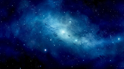 A stunning photograph of a vast blue nebula filled with cosmic dust and glittering stars