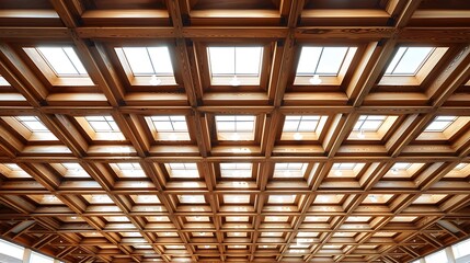architectural ceiling with an intricate wooden grid pattern, incorporating skylights that flood the space with natural light, enhancing both form and function