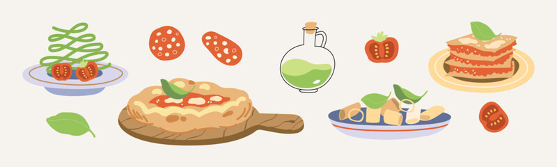 Vector hand painted traditional Italian cuisine: pizza lasagna pasta with mozzarella cheese and basil illustration Cute flat simple hand drawn icon collection for menu posters and social media